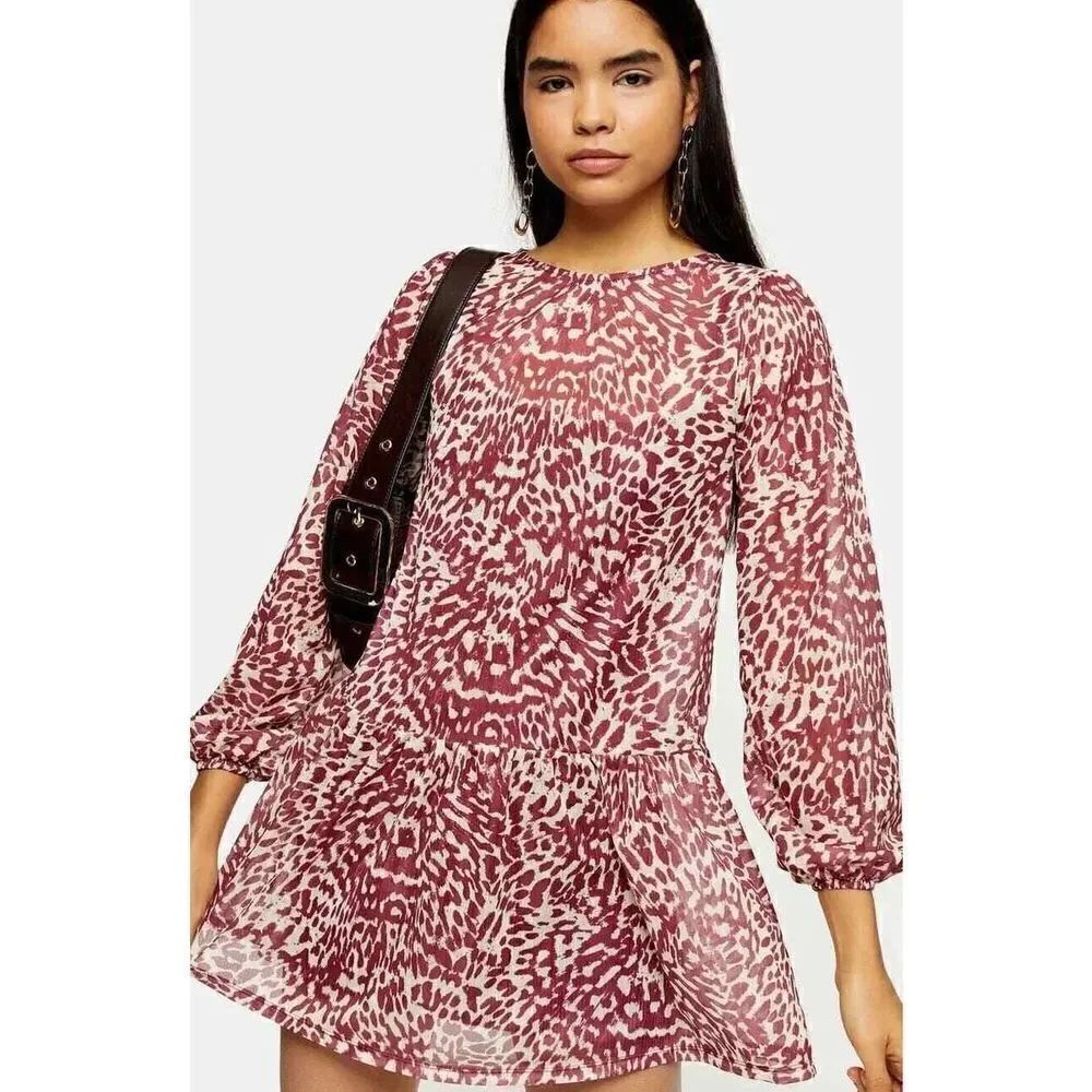 TOPSHOP animal print long sleeve mini dress burgundy size 10